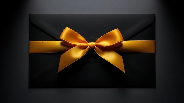 Elegant black envelope with a luxurious gold ribbon adds a touch of sophistication, perfect for invitations, announcements, or heartfelt messages