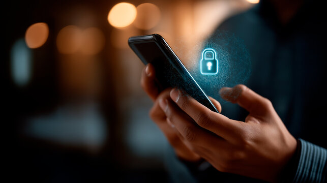Business hand holding smartphone with security padlock hologram password protection visualization encrypted communication system mobile data security online privacy technology - Powered by Adobe