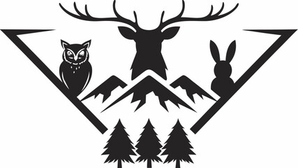 Fototapeta premium Black and white nature scene with deer owl rabbit trees and mountains inside a triangle frame design