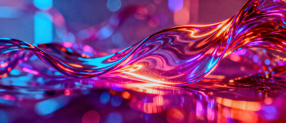 Abstract liquid ribbons flowing like silk, reflecting bright neon lights.