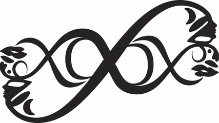 Black and white infinity symbol with stylized faces and floral elements on either side design art
