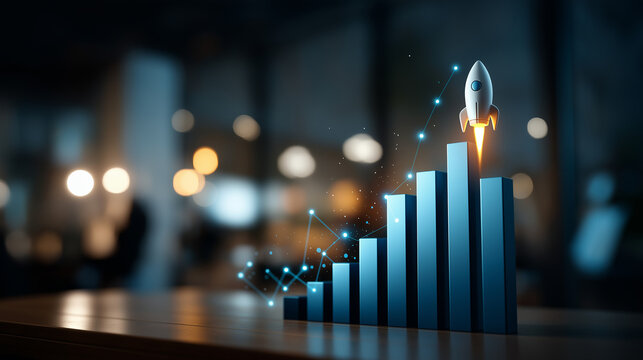 Startup growth visualization with ascending bar chart and rocket symbol business expansion metrics investment performance indicators financial success analytics market growth
