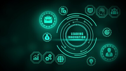 Glowing teal digital interface with icons for business finance and innovation technology