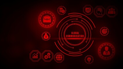 Red glowing digital interface with global communication icons and business symbols technology network