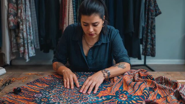 Studying woman in dark shirt leaning at table after spread, smoothing pattern with hands for sewing