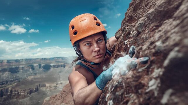 Finding woman climber chalking hands and clipping quickdraw on canyon face to gain height, helmet