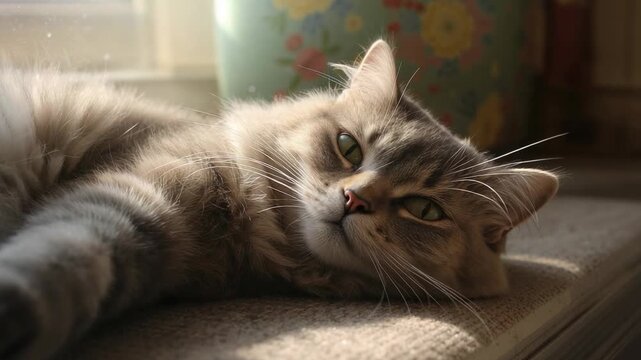 Sunlight luring domestic tabby cat stretching, blinking and settling on padded sill with dust motes