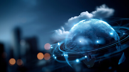 AI cloud computing interface with virtual globe visualization data analytics charts cloud storage management big data infrastructure intelligent processing platform distribute