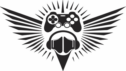 A black and white gaming logo with controller headphones wings and a pointed base in vector format