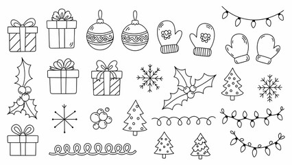 A festive collection of Christmas and winter holiday doodle elements in a simple black and white line art style for decoration