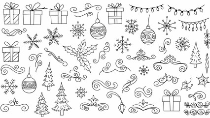 Collection of Hand-Drawn Christmas and Winter Holiday Decorative Elements