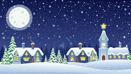 Naklejka premium Winter village scene with snow covered houses and a large moon under a starry night sky image