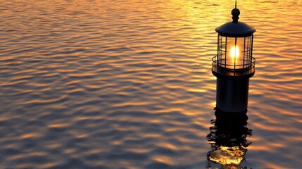Lighthouse beacon on calm water at golden hour sunset, reflecting warm light on rippled surface, symbolizing guidance and tranquility.