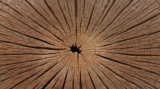 Zooming camera revealing aged log cross-section at overhead close-up showing pith and radial cracks
