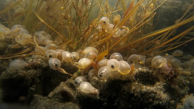Moving camera advancing closer, revealing translucent egg capsules with eyespots on seagrass