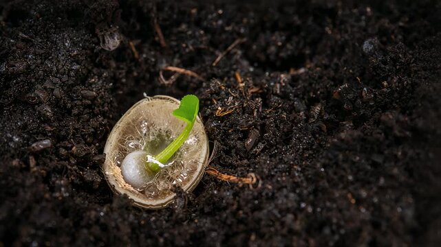 Responding to moisture, single seed lifting shoot and cotyledon under seed coat in dark soil