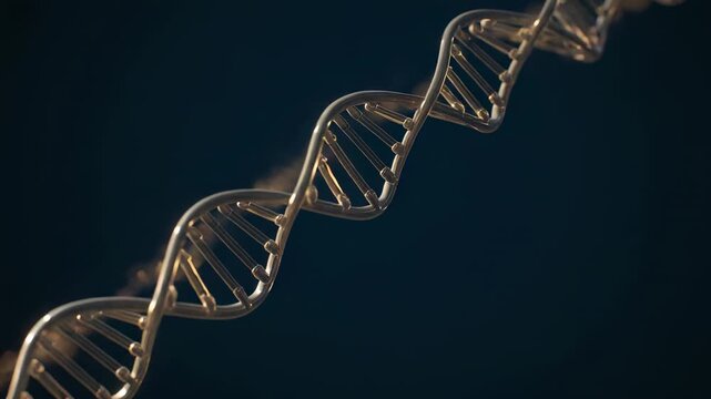 Rotating metallic double-helix model shifting as camera orbiting in studio, showing ladder rungs