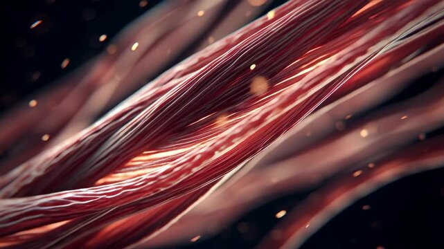 Detailed view of red muscle fibers or biological tissue with glowing particles.