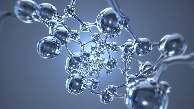 Blue glow reveals deep nano structure network. Technology molecule atom shape expands. Chemistry model lights up metal cluster. Nano view of molecule metal atom. Network structure shows precise model.