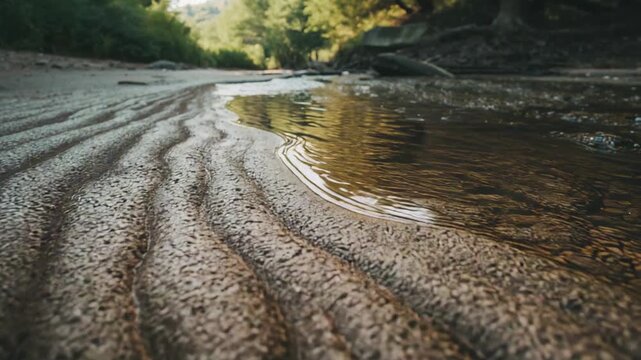 Starting low camera filming wet rippled sand shallow creek tracing ripple, showing texture at creek