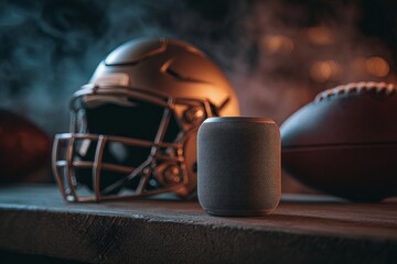 Smart speaker beside football helmet and ball in locker room