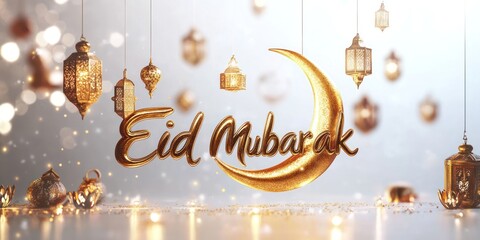 Golden 'Eid Mubarak' 3D text with crescent moon and sparkling lanterns, festive Islamic holiday greeting background.
