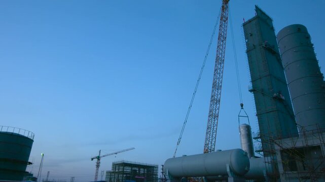 Large Industrial Construction Site with Cranes and Storage Towers at Dusk