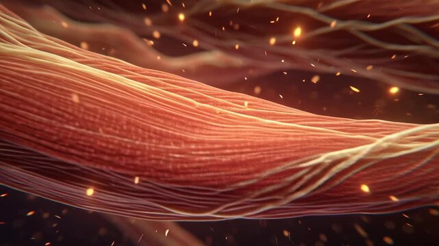 Detailed microscopic view of muscle fibers and connective tissue with glowing energy particles.