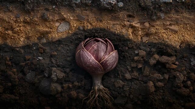 Swelling purple bulb reacting to light, lifting in frozen soil cross-section, showing root cluster