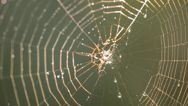 Shimmering orb spider web reflecting warm backlight at garden edge, showing dew droplets shifting
