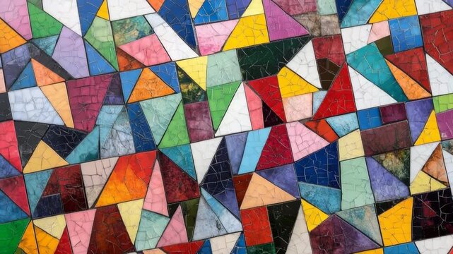 Colorful mosaic pattern featuring diverse geometric shapes in a vibrant design