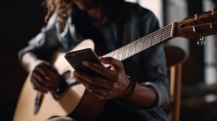 Person Playing Acoustic Guitar While Using Smartphone in Dark Room