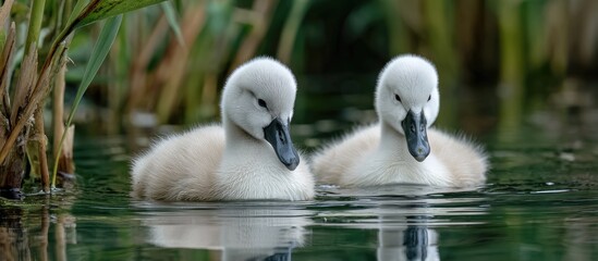 Two Swan Cygnets Swimming in Green Water Reflections in Natural Pond Habitat