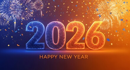 Naklejka premium Bright neon 2026 happy new year fireworks celebration