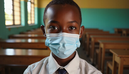 African schoolboy wearing a face mask is sitting in classroom with empty desks, during pandemic. African schoolboy ensures protection against virus at educational establishment.