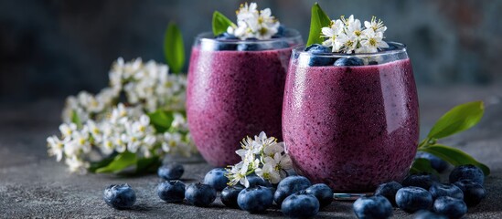 Two Dark Purple Smoothies with White Flowers and Fresh Blueberries