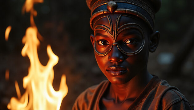African child with ceremonial mask sitting near campfire in dark ambiance, bonfire casts its warm glow on face. African child embodies tradition and heritage near bonfire, surrounded by shadows. - Powered by Adobe