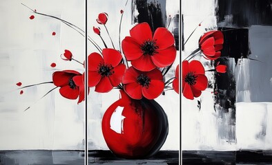 Abstract Painting Triptych with Vibrant Red Flowers in Black and Red Vase on Black, White, and Gray Background