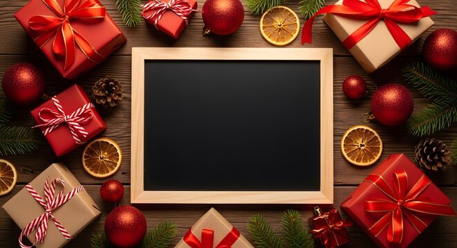 Christmas blackboard surrounded by gifts and ornaments - Powered by Adobe