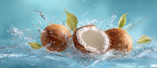 Coconuts Splashing in Water with Green Leaves on Teal Background