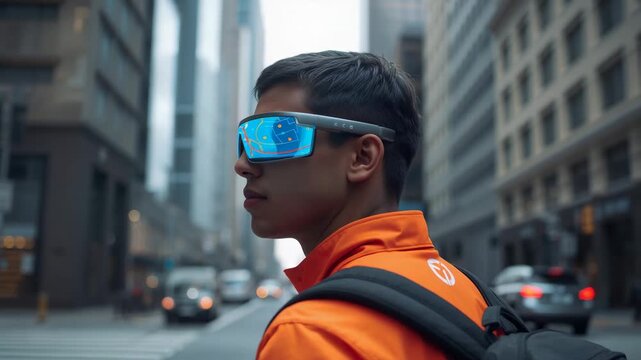 Scanning Asian commuter turning head at downtown crossing as cars near, orange jacket, AR goggles