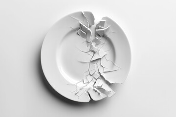 Broken white plate shards on white background create striking visual metaphor for fragility, loss, or conflict in a minimalist, clean style