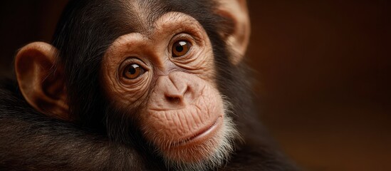 Cute Chimpanzee Portrait with Brown Eyes Looking Forward on Dark Background