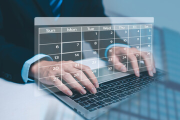 A business professional typing on a laptop with an overlay digital calendar interface, representing scheduling, planning, productivity management, and modern workflow organization in the workplace.