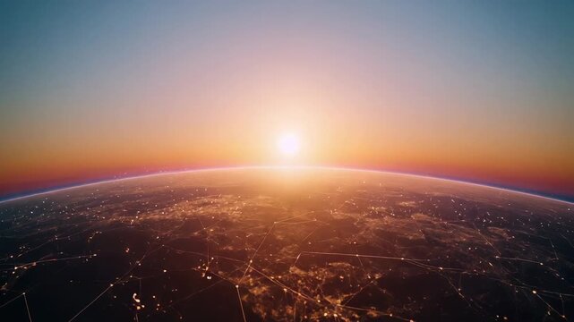 Sun appearing, revealing curved limb from low orbit, atmospheric glow and network nodes brightening
