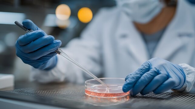 A researcher using a sterile inoculation loop to streak bacteria across an agar plate, gloved hands steady under a laminar flow hood &mdash; aseptic technique, controlled lab environment, and