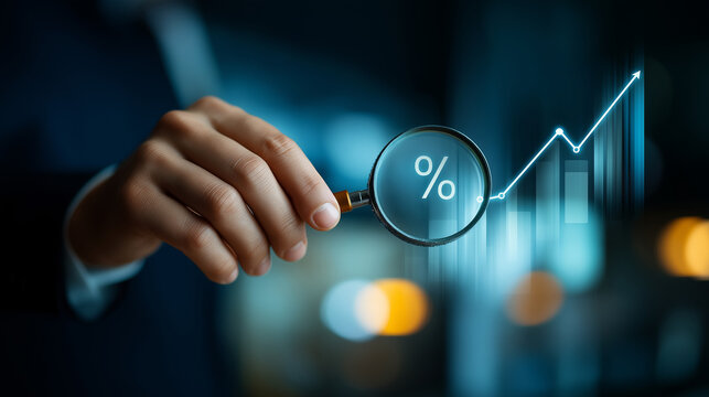 Business hand with magnifying glass over growth chart ROI visualization with percentage symbol financial success metrics investment performance analysis economic growth