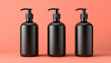 Three black pump bottles on coral background