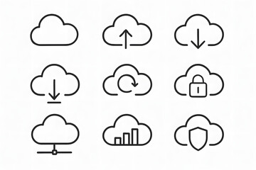 Cloud Computing Icons: A collection of sleek, minimalist cloud computing icons, representing various functions such as uploading, downloading, and data security. Perfect for digital applications.
