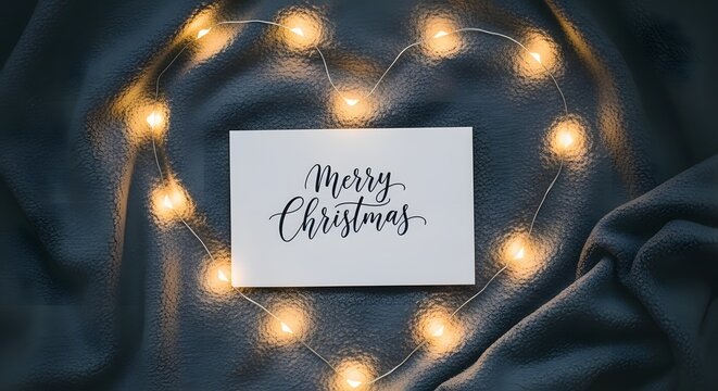 Cozy christmas lights and merry christmas card on fabric - Powered by Adobe